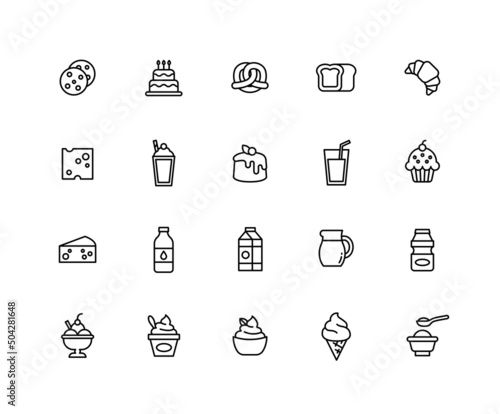 Collection of Cafe color icons. Set of Dessert, Beverage, ice cream symbols drawn with thin contour lines. Vector illustration.
