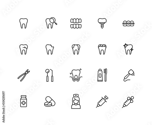 Collection of dental clinic linear icons. Set of Implants, teeth, tooth, orthodontic symbols drawn with thin contour lines. Vector illustration