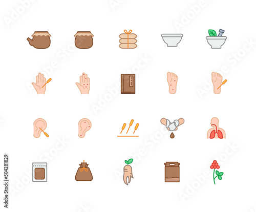 Collection of oriental medicine color icons. medicinal herbs, saliva, spa Set of Herbal medicine, herbal medicine symbols drawn with thin contour lines.