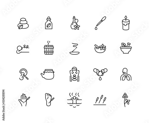 spa and massage linear icons. Set of oil, candle, aroma symbols drawn with thin contour lines. Vector illustration.