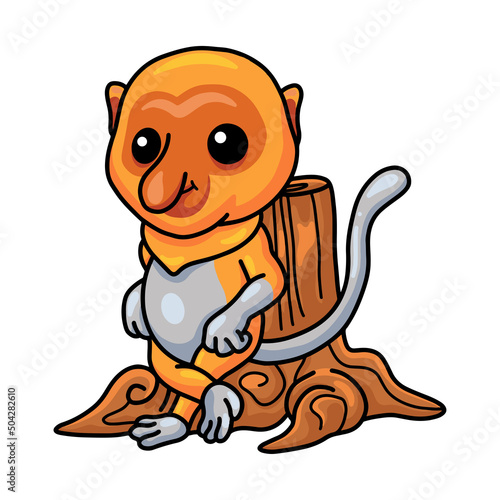 Cute little proboscis monkey cartoon leaning in tree stump