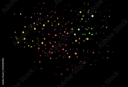 Dark multicolor, rainbow vector template with crystals, circles, squares.