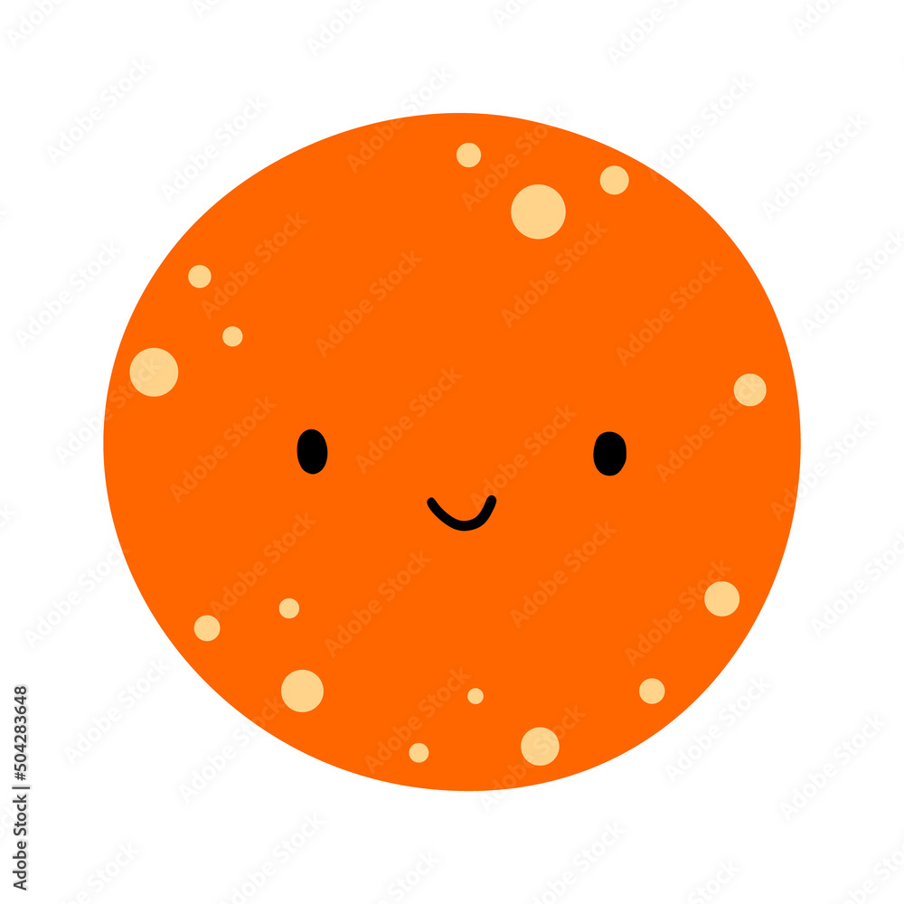 Fototapeta premium Planet with cute face and smile. Children cartoon illustration. Space sticker for baby.