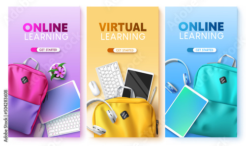 Online education vector poster set. Virtual learning text with backpack bag, tablet and keyboard elements in pastel background design for e-learning home school collection. Vector illustration. 
