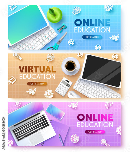 Online education vector background set. Virtual education text with tablet, laptop and keyboard device elements in grid pattern decoration for distance learning home school collection.