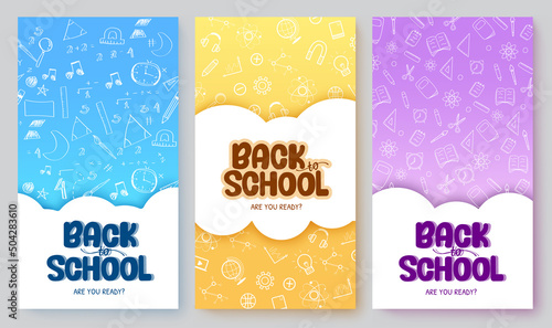 Back to school vector poster set design. Back to school text in cloud abstract template with doodle drawing pattern decoration for educational learning study messages. Vector illustration.

