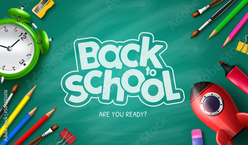 Back to school education vector background design. Back to school text in chalk board element with creativity tools of color pencil, brush and rocket for elementary student art education. 