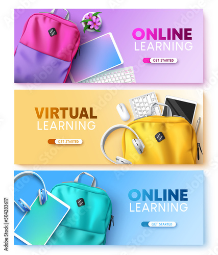 Online learning vector background set. Virtual education text with backpack bag, tablet and keyboard educational elements in pastel background design for e-learning banner collection.