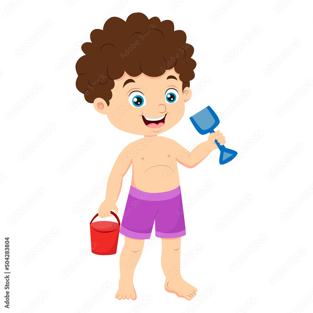 Cartoon little boy holding bucket and scoop Cartoon little boy holding bucket and scoop