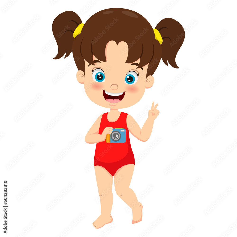 Cartoon little girl in red swimsuit holding camera