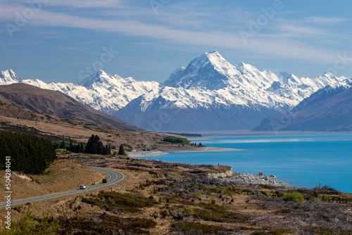 Highway heading towards Mt. Cook National Park, South Island New Zealand