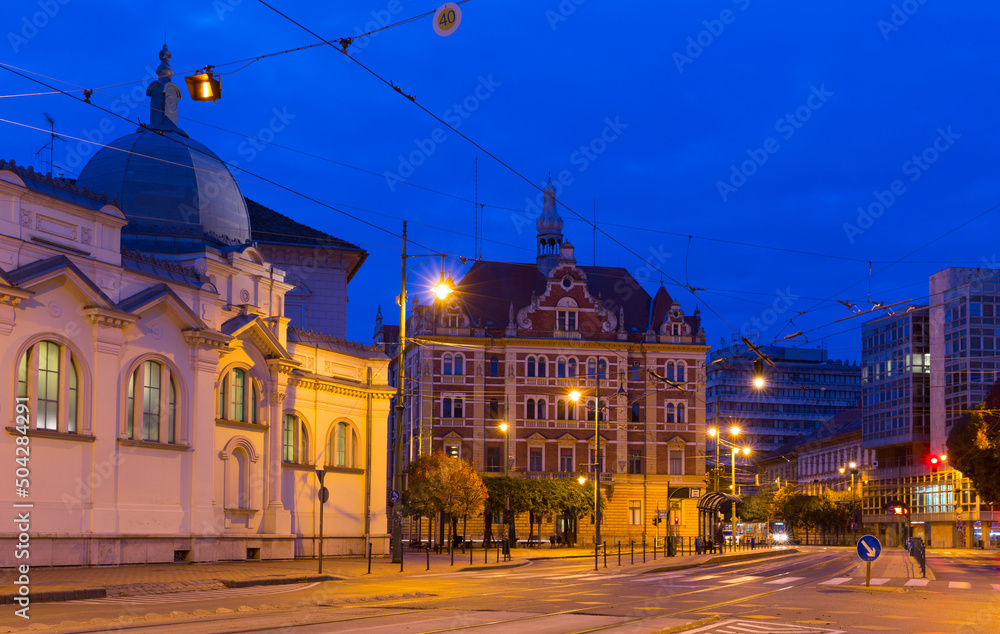 Nightlife of illuminated central Szeged streets, Hungary