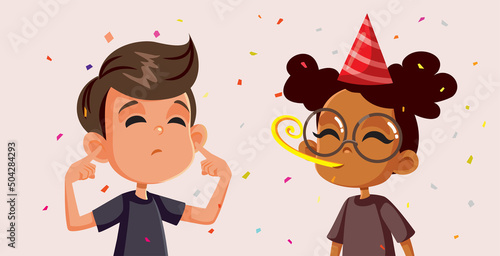 Girl Annoying Boy with Loud Party Whistle Vector Cartoon