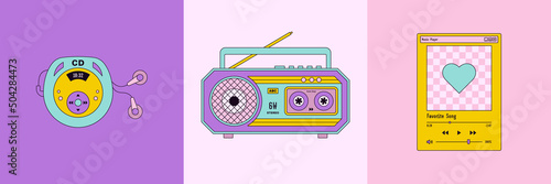 Music Set 90's in Pop Art Style. Vector Illustration CD Player, Boombox, Player Template for Stickers, Social Media