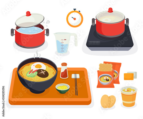 Ramen korean noodles, kitchenware illustration set. japan and korea food, instant noodle Vector drawing. Hand drawn style.