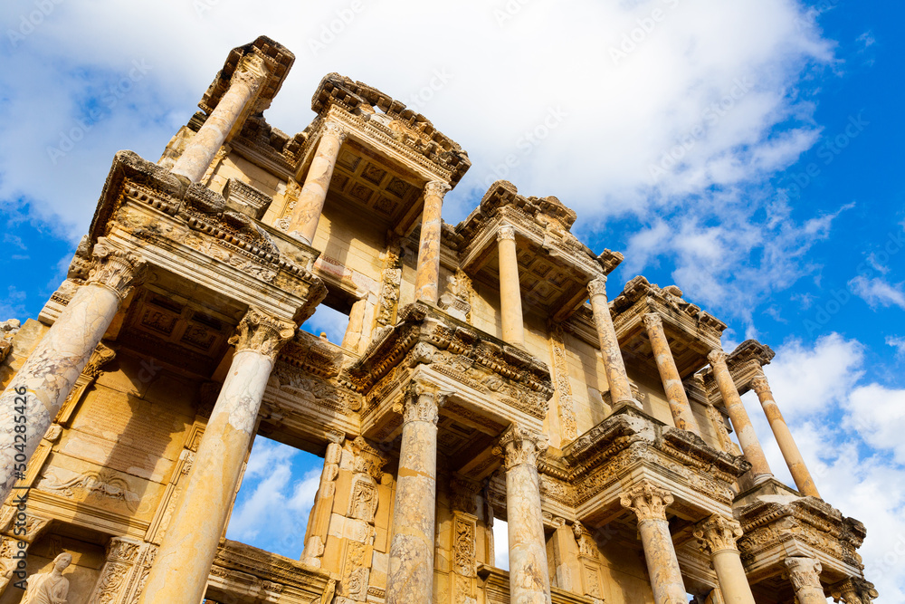 Closeup of architectural details of Celsus Library facade in ancient Greek settlement of Ephesus, Izmir, Turkey
