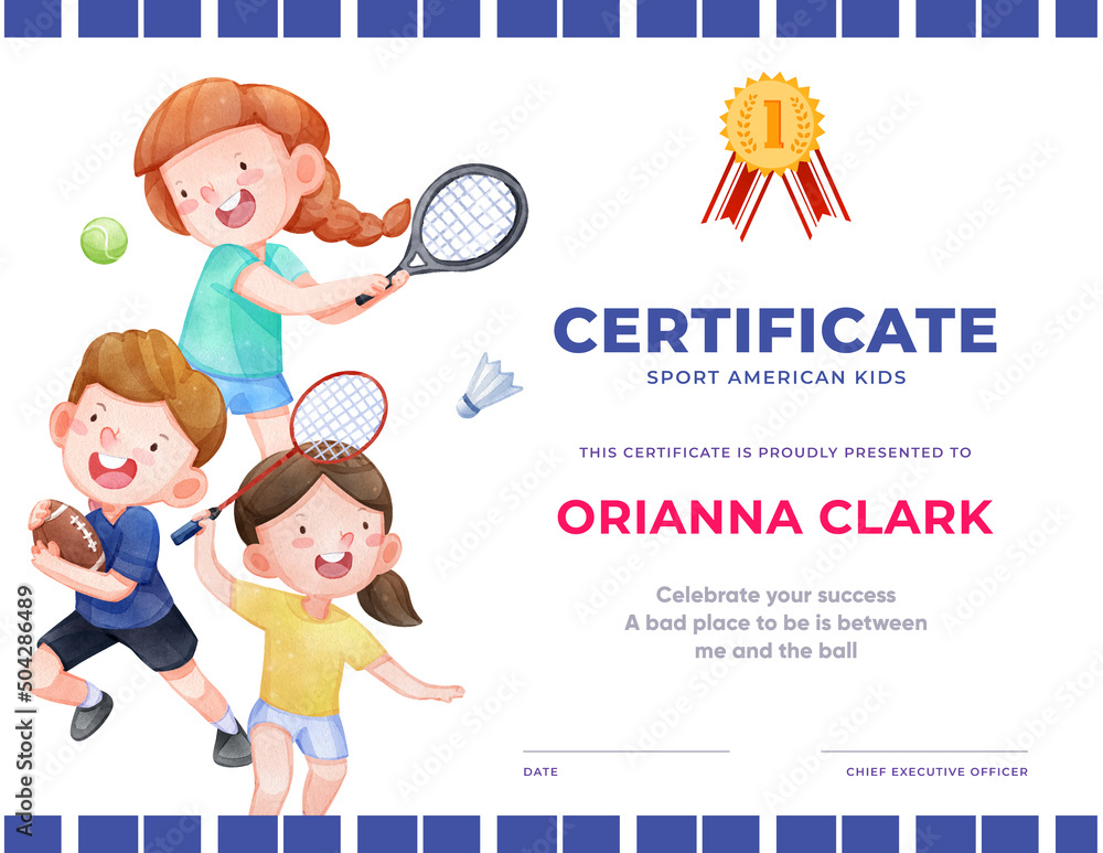 Certificate template with American sport kids concept,watercolor style ...