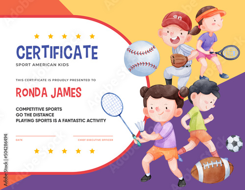 Certificate template with American sport kids concept,watercolor style