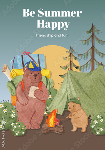 Poster template with animal camping summer concept,watercolor style