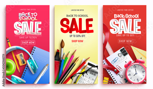 Back to school sale vector poster set. Back to school sale text with educational items price discount in limited time offer for educational shopping ads collection design. Vector illustration.
