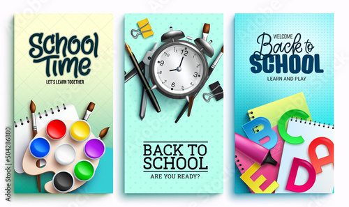 Back to school vector poster set design. Back to school text with painting, alarm clock and notebook educational items in pattern background for kids educational creative study. Vector illustration.
