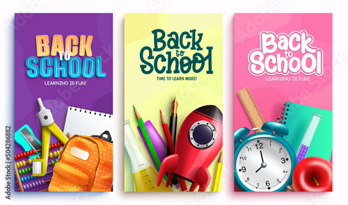 Back to school vector poster set design. Back to school text with rocket, alarm clock and backpack study elements in colorful background for educational knowledge and creative study.