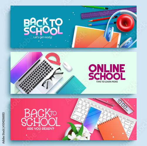 Back to school vector background set design. Back to school online text with educational virtual items of laptop, tablet and phone in colorful background for kids educational study. 