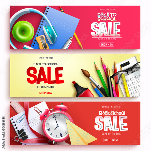 Back to school sale vector banner set. Back to school sale text with educational items in limited time offer discount for educational study ads collection design. Vector illustration.
