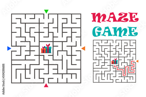Square maze labyrinth game for kids. Logic conundrum. Four entrance and one right way to go. Vector flat illustration
