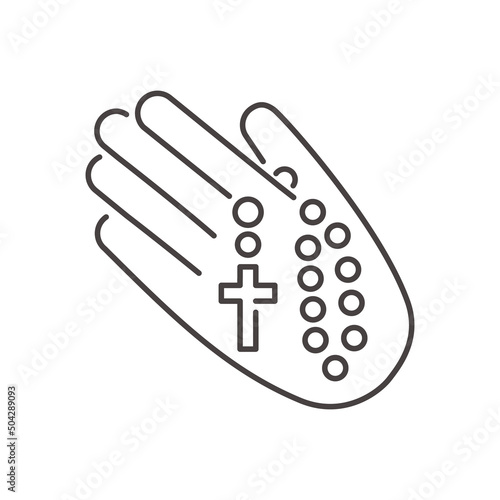 Rosary beads silhouette. Prayer jewelry for meditation. Catholic chaplet with a cross in hand. Religion symbol. Vector illustration.