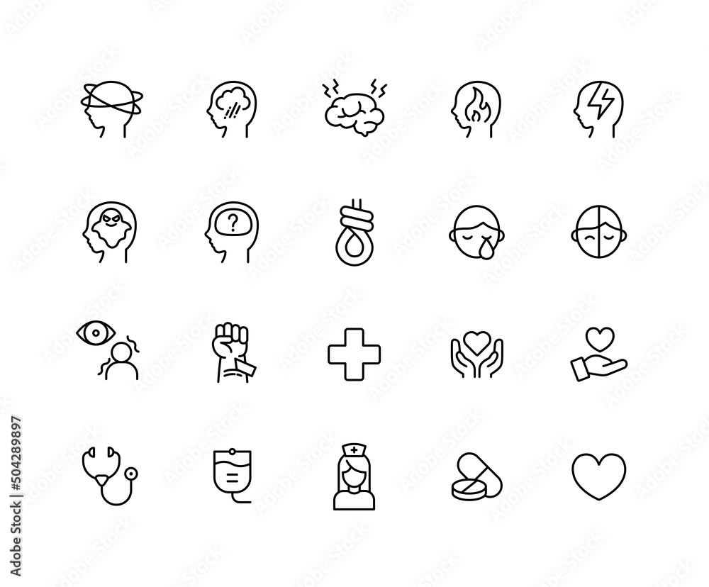 Collection of psychiatry linear icons. treatment, medical treatment, counseling, doctor, medicine, rope. Set of hospital symbols drawn with thin contour lines. Collection of psychiatry linear icons. treatment, medical treatment, counseling, doctor, medicine, rope. Set of hospital symbols drawn with thin contour lines.