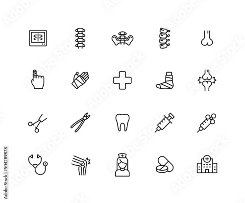 Surgical linear icons. Set of hospital, surgery, Orthopedic, bone, spine symbols drawn with thin contour lines. Vector illustration.