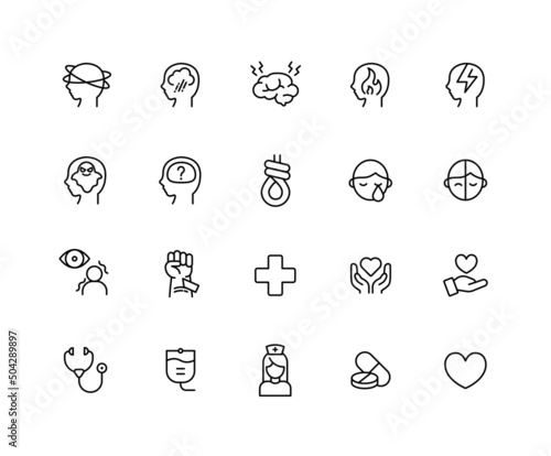 Collection of psychiatry linear icons. treatment, medical treatment, counseling, doctor, medicine, rope. Set of hospital symbols drawn with thin contour lines.