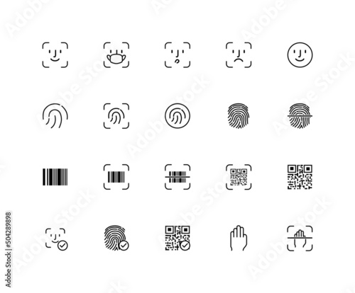 Collection of UI UX linear icons. Security, surveillance qr code, fingerprint, hand, network. Set of system, connection symbols drawn with thin contour lines. Vector illustration.
