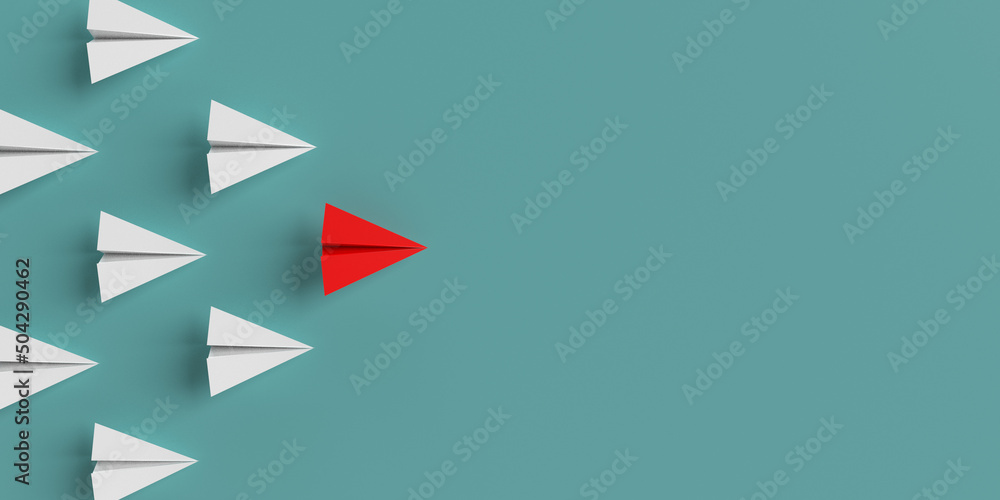 Airplane paper direction white group teamwork difference red individual fly wing copy space symbol business strategy vision creativity idea progress start the way forward leadership success.3d render Airplane paper direction white group teamwork difference red individual fly wing copy space symbol business strategy vision creativity idea progress start the way forward leadership success.3d render