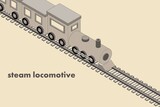 蒸気機関車と線路のシンプルでセピアなアイソメトリックイラスト.