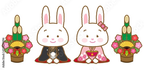 イラスト素材：着物姿のかわいい干支シリーズ　卯年カップルと正月飾りの門松　うさぎ/主線/新年のご挨拶
