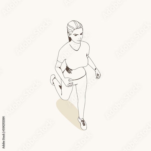 Running woman. Sport girl illustration. Casual sportwear - t-shirt, breeches and sneakers. Young woman wearing workout clothes. Sport fashion girl outline in urban casual style. Top view