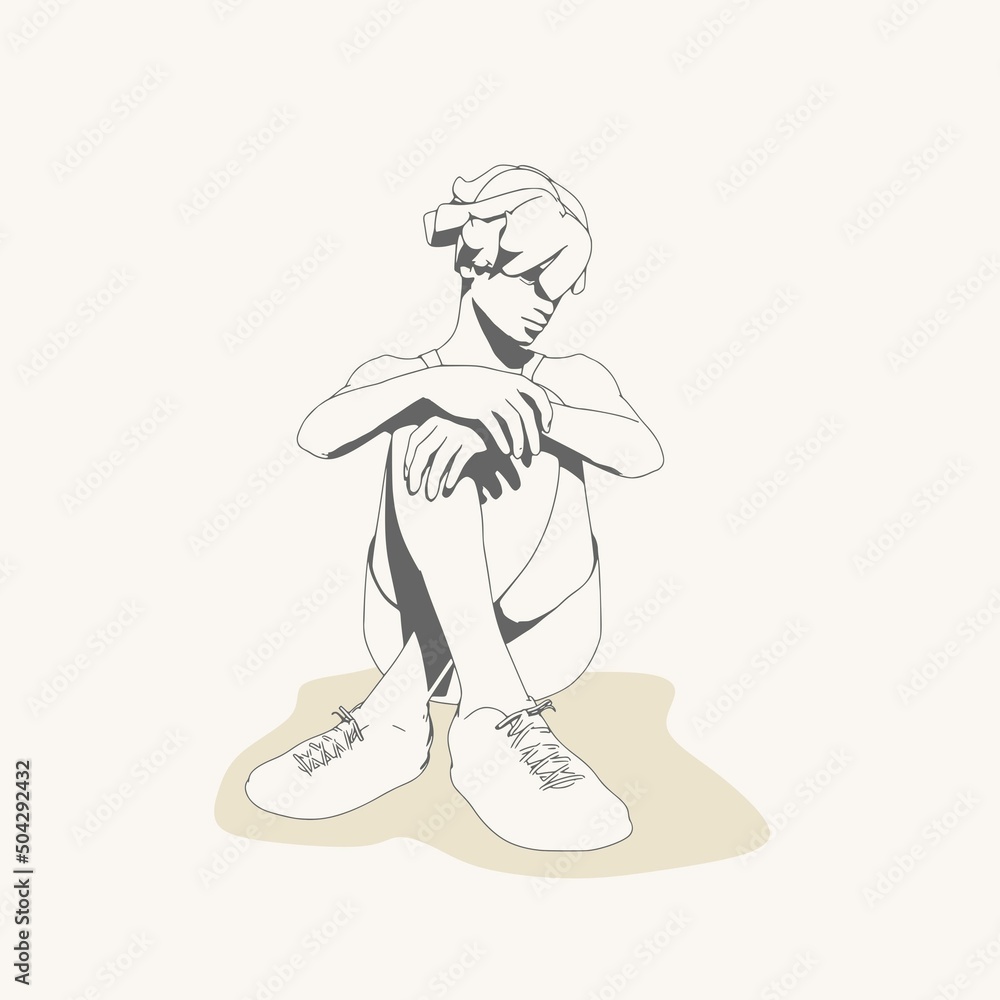 Beautiful woman resting after exercise. Sport girl illustration. Young woman wearing workout clothes. Sport fashion girl outline in urban casual style.