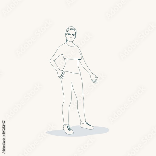 Fototapeta Naklejka Na Ścianę i Meble -  Standing woman. Sport girl illustration. Casual sportwear - t-shirt, breeches and sneakers. Young woman wearing workout clothes. Sport fashion girl outline in urban casual style.