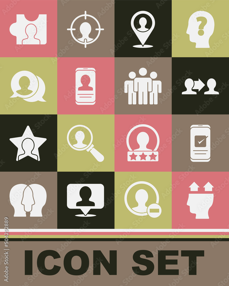 Set User of man, Smartphone, Project team base, Location with person, Mobile resume, Speech bubble chat, Head hunting and Users group icon. Vector Set User of man, Smartphone, Project team base, Location with person, Mobile resume, Speech bubble chat, Head hunting and Users group icon. Vector