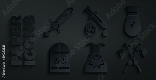 Set Joker head, Old money bag, Medieval castle gate, Crossed medieval axes, Sword with blood and sword icon. Vector