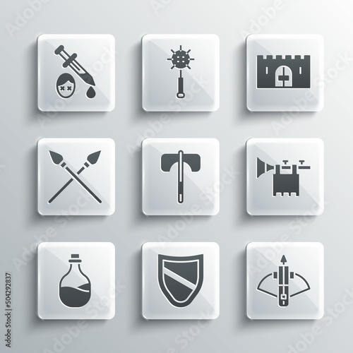 Set Shield, Battle crossbow with arrow, Trumpet flag, Medieval axe, Old bottle of wine, Crossed medieval spears, Sword blood and castle gate icon. Vector