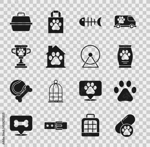 Set Dog pill, Paw print, Bag of food, Fish skeleton, Pet house, award, carry case and Hamster wheel icon. Vector