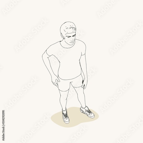 Standing man. Sport boy illustration. Casual sportwear - t-shirt, breeches and sneakers. Young man wearing workout clothes. Sport fashion boy outline in urban casual style.