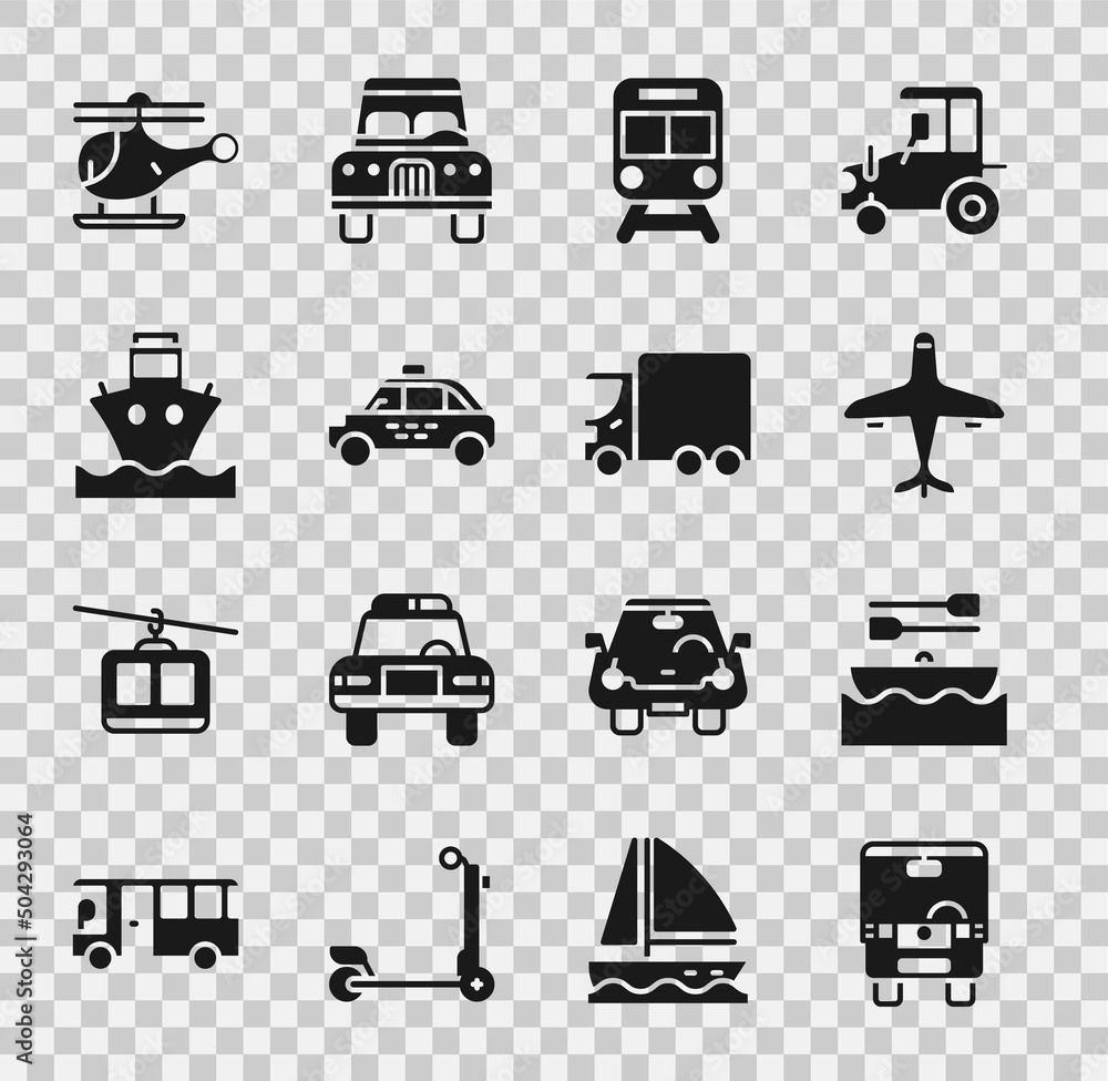 Set Bus, Boat with oars, Plane, Train and railway, Taxi car, Cargo ship ...
