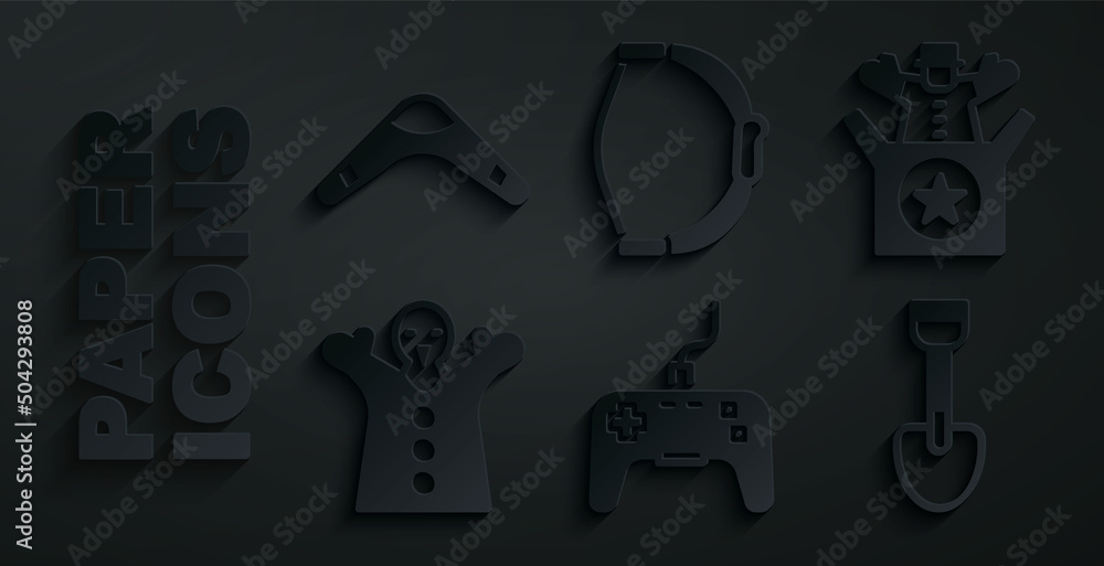 Set Gamepad, Jack in the box toy, Toy puppet doll on hand, Shovel, Bow and Boomerang icon. Vector Set Gamepad, Jack in the box toy, Toy puppet doll on hand, Shovel, Bow and Boomerang icon. Vector