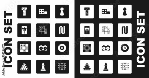 Set Chip for board game, Tic tac toe, Mahjong pieces, Domino, Board, Toy building block bricks, Billiard pool snooker ball and of checkers icon. Vector