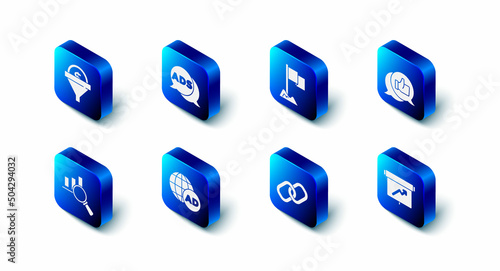 Set Advertising, Location marker, Customer product rating, Board with graph chart, Chain link, Magnifying glass and analysis and Lead management icon. Vector