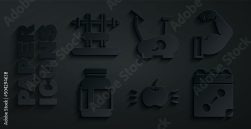 Set Apple, Bodybuilder muscle, Sports nutrition, Calendar fitness, Stationary bicycle and Bench with barbel icon. Vector
